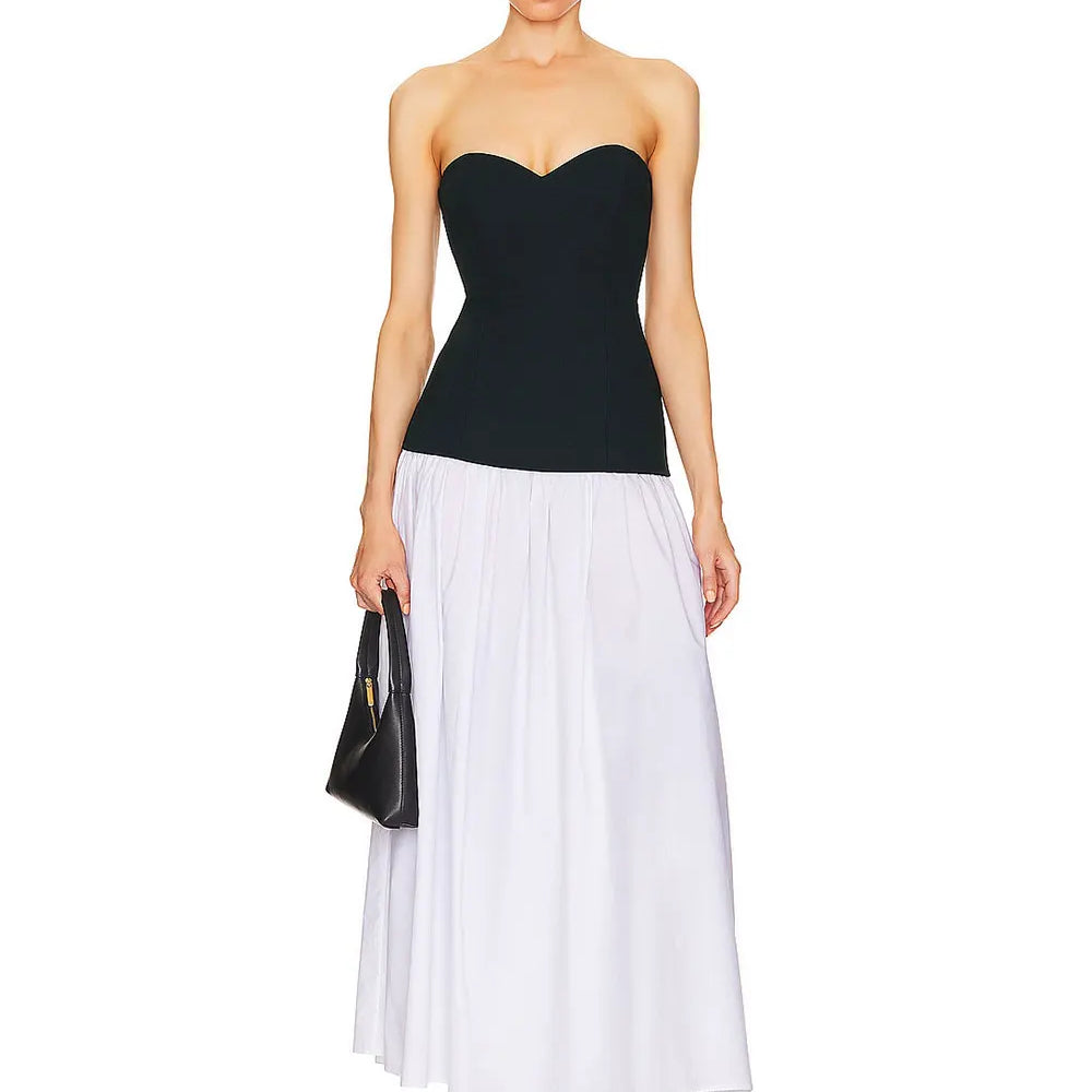 2024 Sexy Women'S Patchwork Long Dress Strapless Sleeveless A-Line Backless Pleated Dress Cocktail Evening Club Party Vestitos black