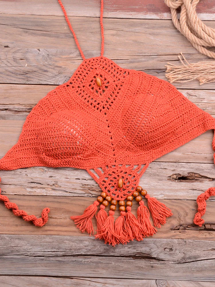 Bikini 2022 knitting Swimsuit Crochet Bikini Bohemia Style Off Shoulder High Neck Bathing Beach Bikinis Handmade Crochet Bikini Rusty Red Top