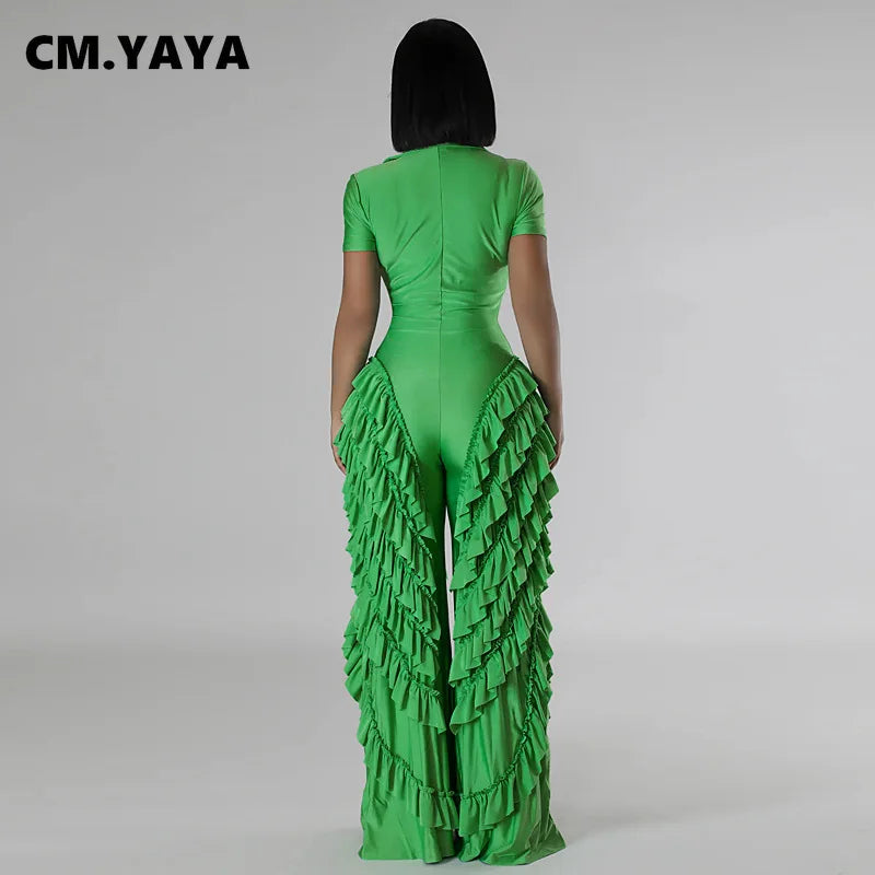 Fashion Women Mult Ruffles Short Sleeve Zipper Fly Wide Leg Shirt Jumpsuit 2024 Streetwear Romper One Piece Set Playsuit