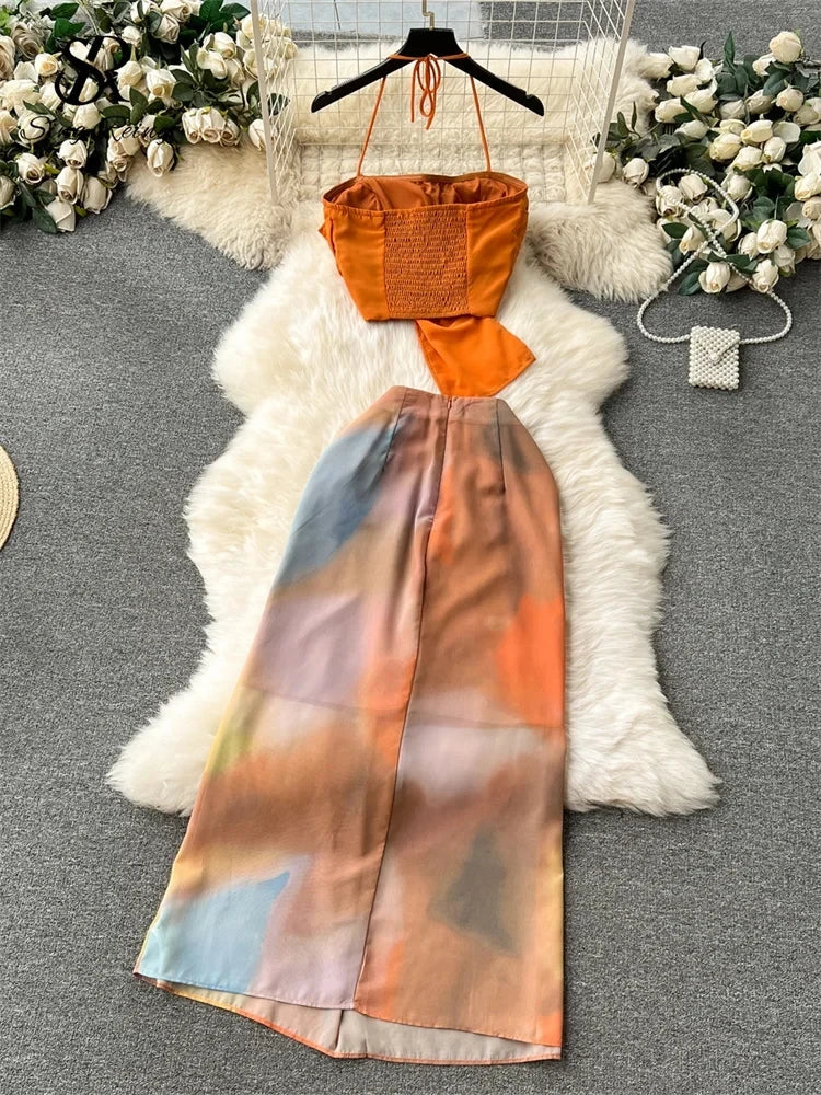 SINGREINY Holiday Suits Strapless Halter Strapless Top+Zipper Tie Dye Skirt Female Fashion Sexy Two Pieces Suit