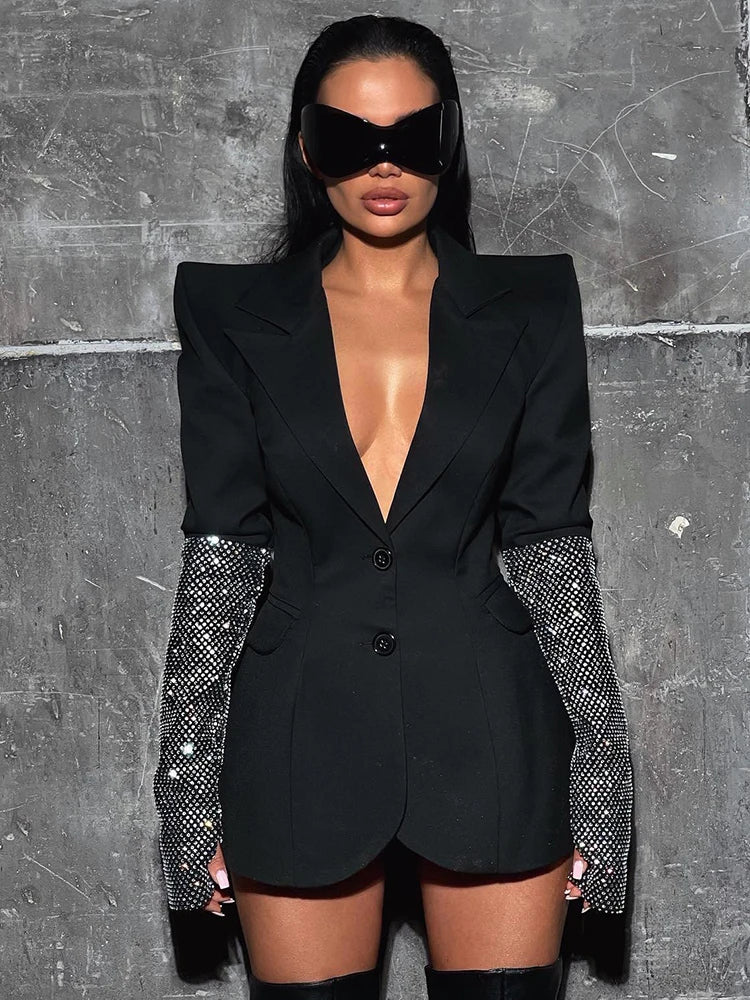 Black V Neck Long Sleeves Blazer With Rhinestones Embellished Cuff Crystals Patchwork Slim Jacket Single Breasted Coat