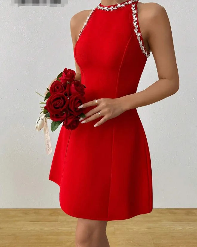 Black Red Color Women Sleeveless Sexy Off the Shoulder A-Line Mini Bandage Dress Diamond Fashion Birthday Party Outfit Red