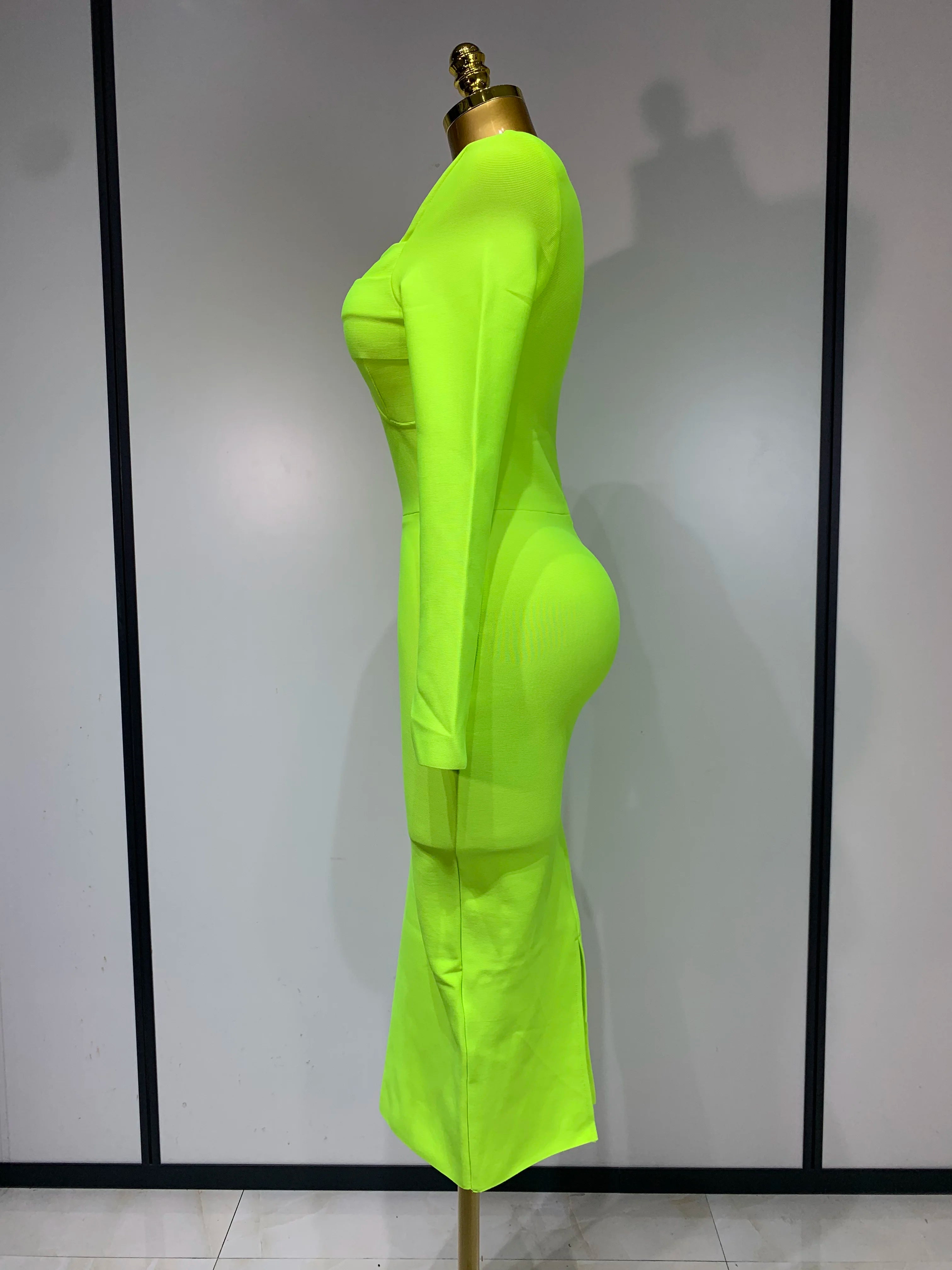 Women Sexy Long Sleeve Square Collar Fluorescent Green Midi Bodycon Bandage Dress 2025 Elegant Evening Birthday Party Dresses
