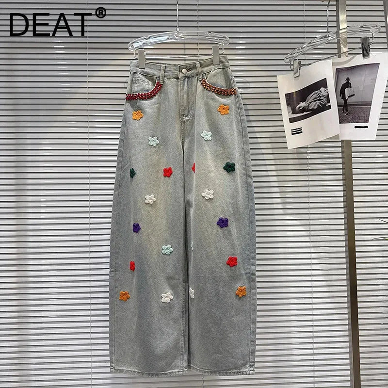Autumn Winter New Fashion Rhinestone Pocket Knitted Flower Decoration Wide-Leg Jeans For Women Straight Pants 11A07801