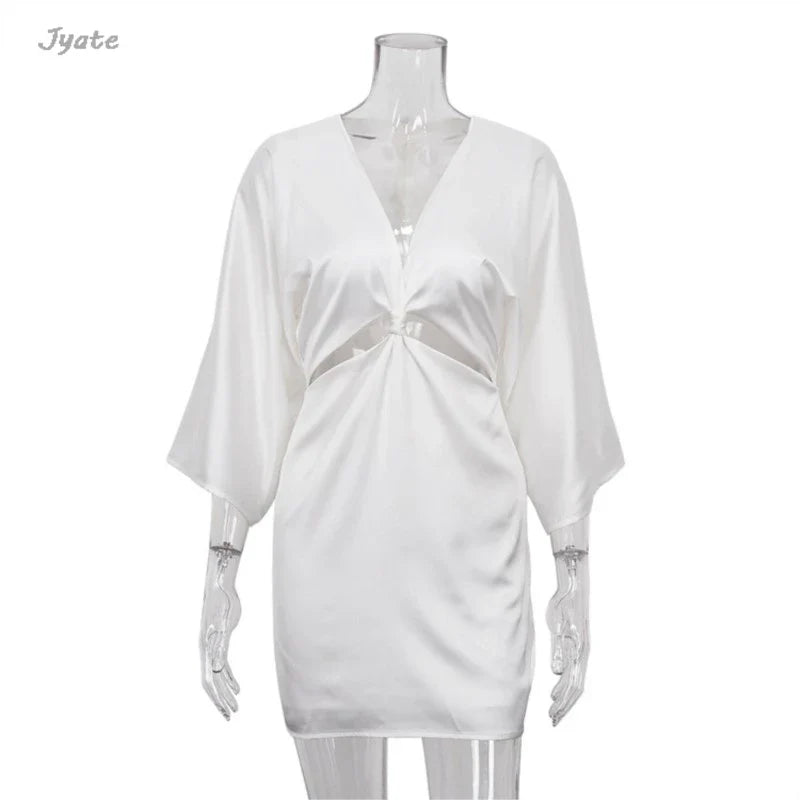 Flare Sleeve Satin Women Summer Dress Deep V-neck Hollowe Out Fashion Party Club Short Dresses Luxury Simple Slim Beach Vestidos