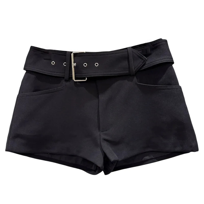 Winter New Elegant Metal Buckle Wide Waistband Straight Short Pants For Women Solid Color Shorts Female 11A07477