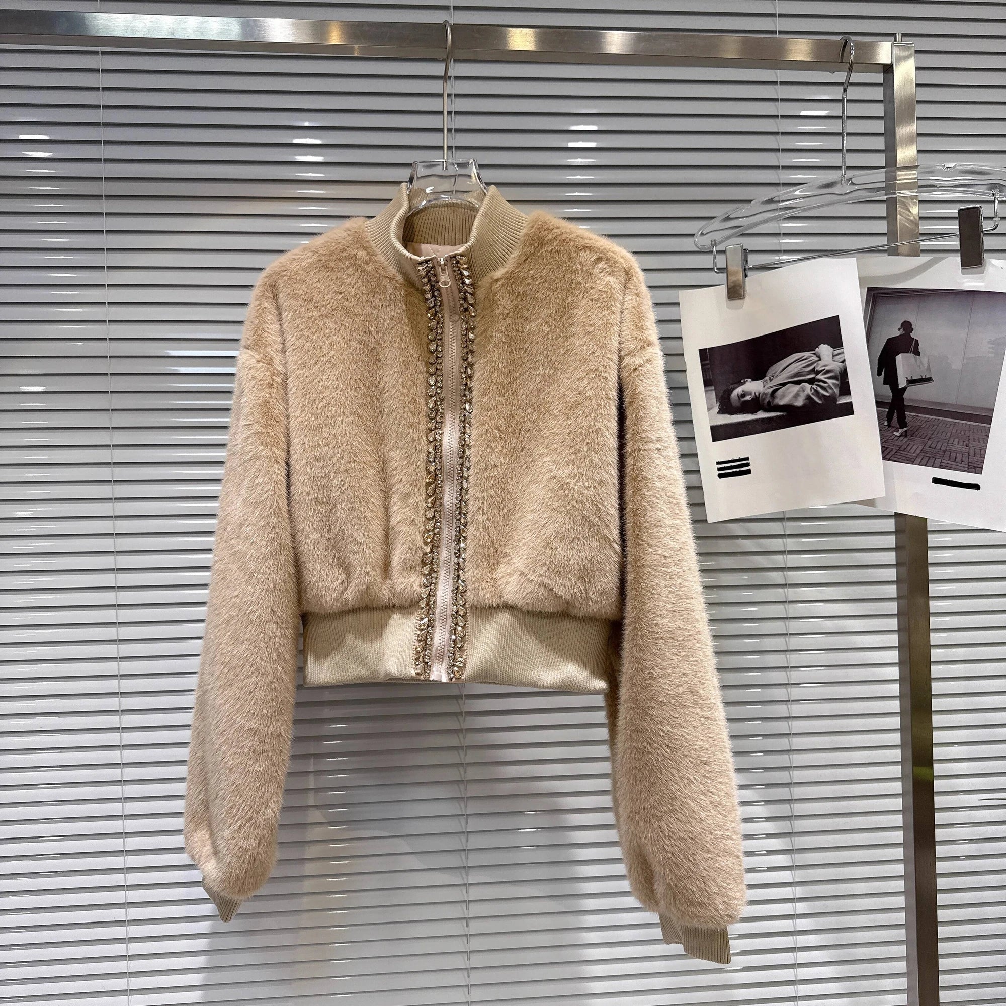 Winter New Fashion Rhinestone Edge Plush Cotton-Padded Short Jacket For Women High Waist Zipper Coat Female 11A07454 Khaki One Size