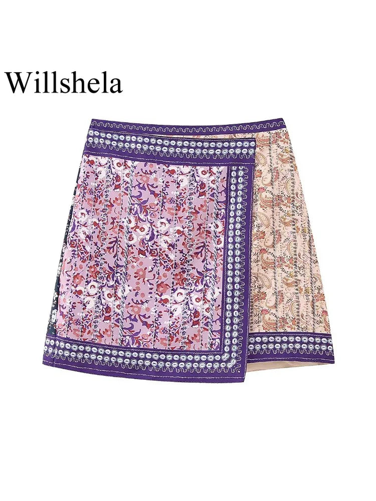Willshela Women Fashion Printed Side Zipper Mini Skirt Vintage High Waist Asymmetrical Female Chic Lady Skirts Print