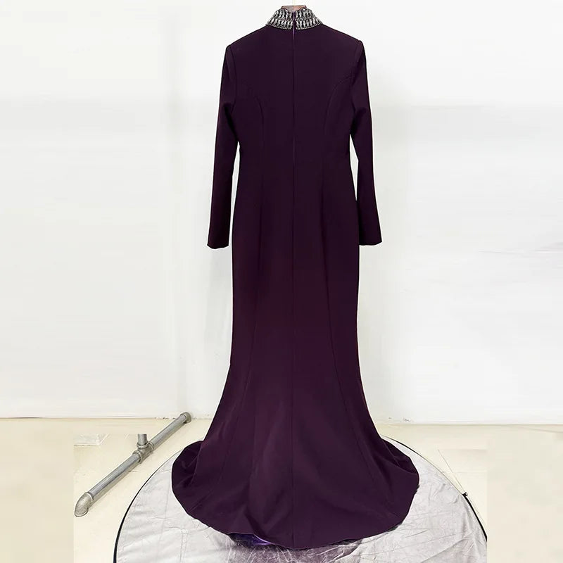 Solid Hollow Out Spliced Bead Dresses for Women High Neck Long Sleeves Patchwork Split Elegant Dress Female Clothes