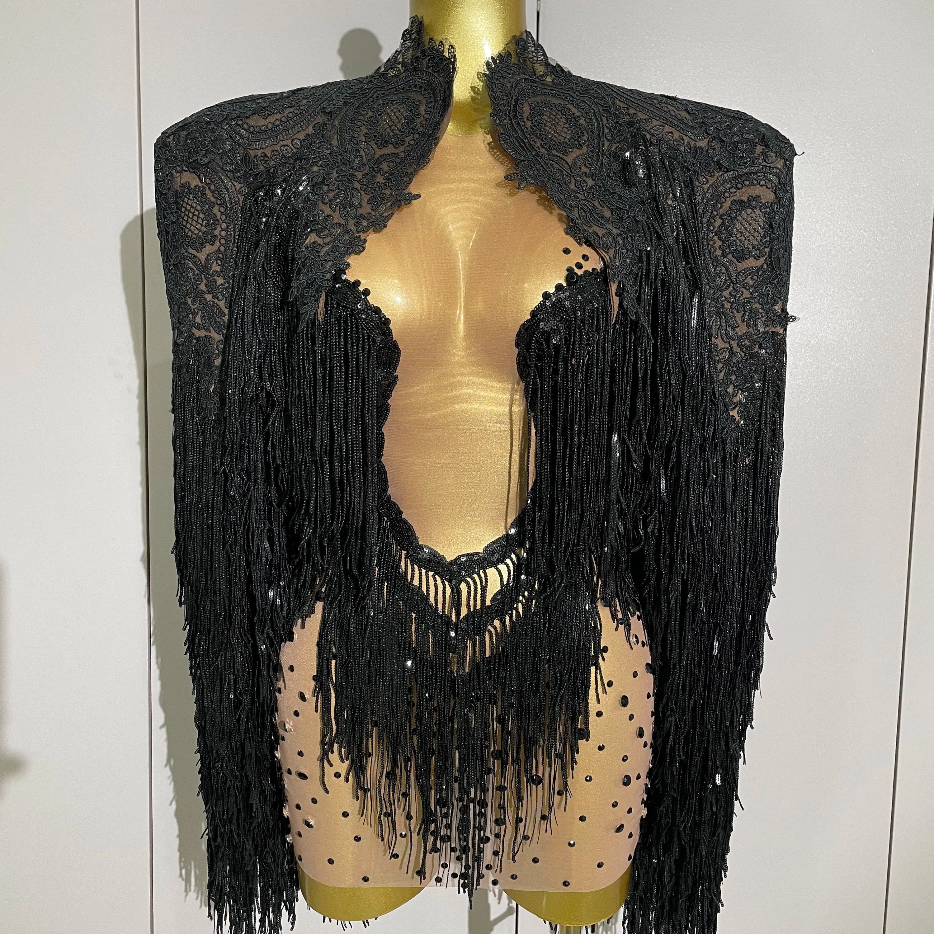 Luxury Sparkly Rhinestone Sequin Tassel Coat Skirt 2Pcs Women Birthday Party Nightclub Stage Performance Costume black