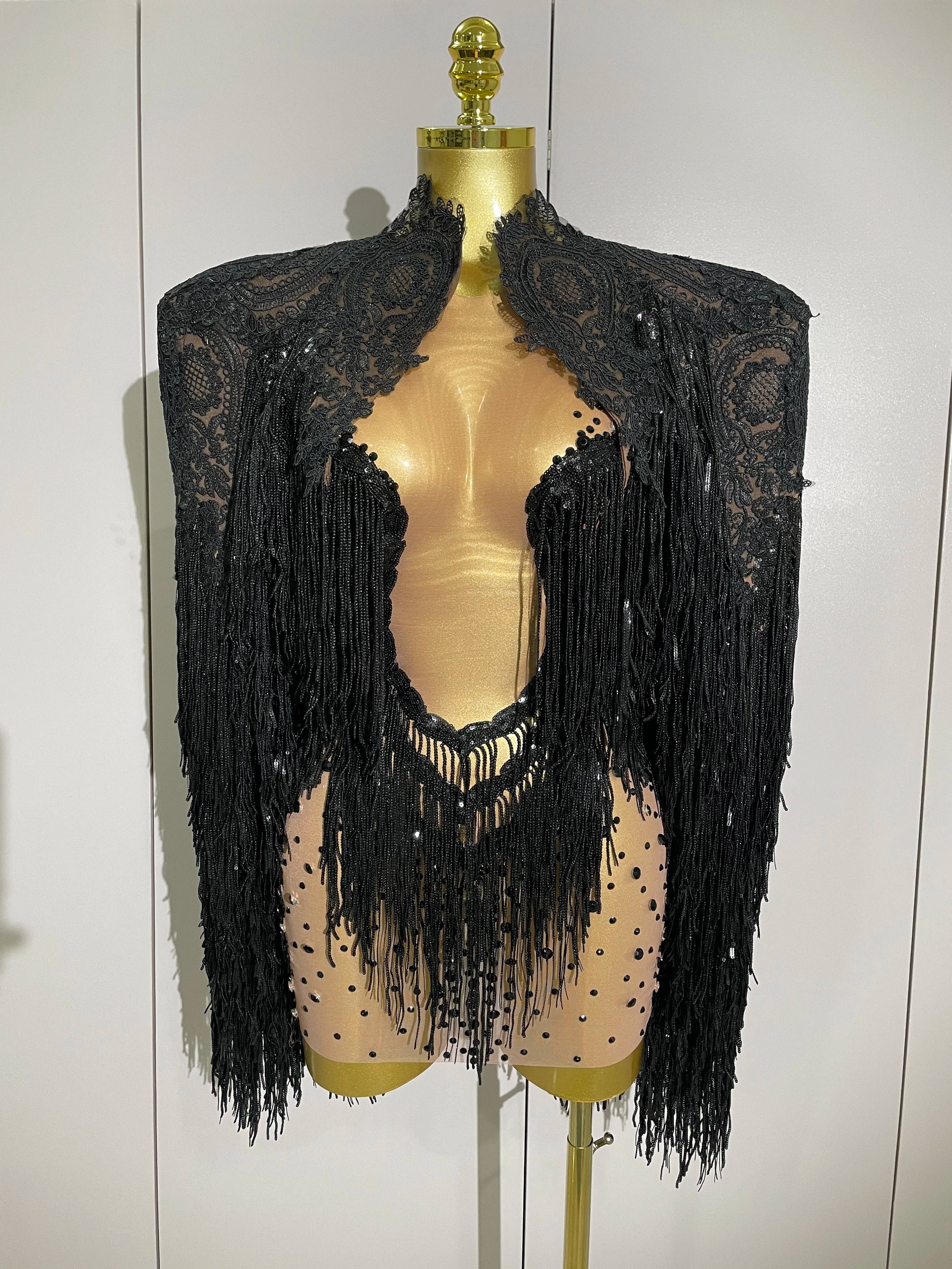 Luxury Sparkly Rhinestone Sequin Tassel Coat Skirt 2Pcs Women Birthday Party Nightclub Stage Performance Costume black