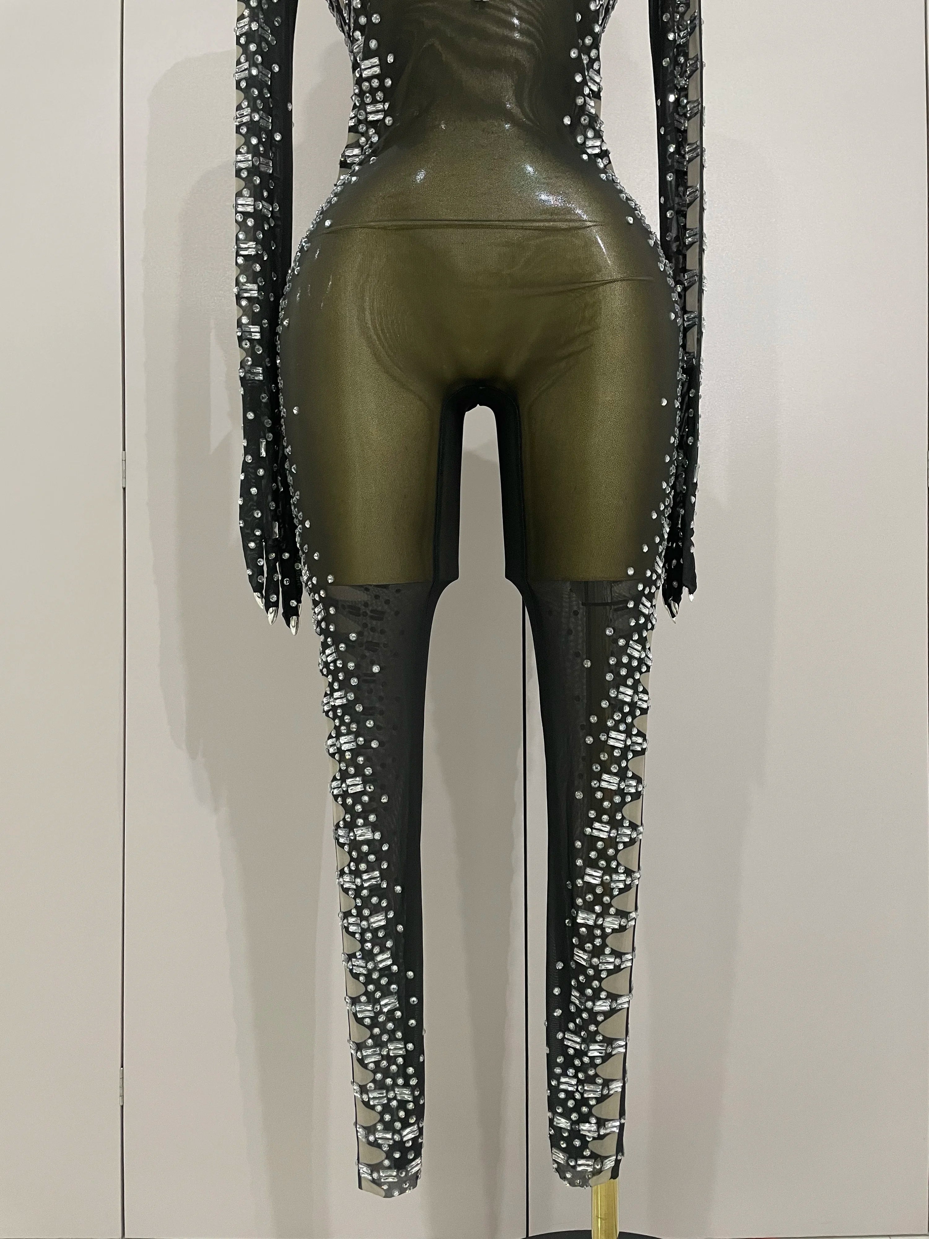 Sexy Sparkly Crystals Black Mesh Jumpsuit With Gloves 2025 Women Celebrate Birthday Party NightClub Singer Dance Stage Costumes