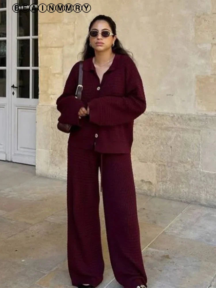 Autumn Women Wine Red Knit Sweater 2 Peice Sets V-neck Cardigan Coats High Waist Wide Leg Pants Ladies Fashion Casual Suits