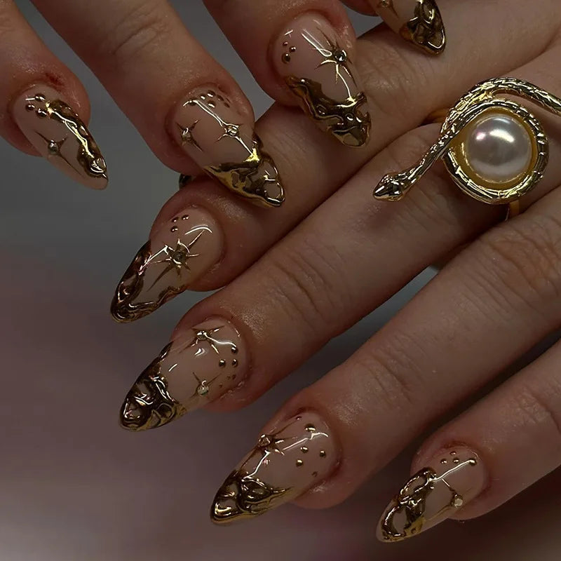 24Pcs Simple French Nails Art Tips Fake Nails 3D Design Wearable Full Cover False Nail Mid-length Almond Reusable Press on Nails 926
