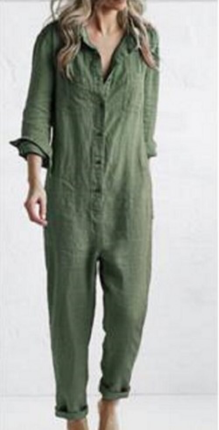 Salopette Vintage en coton pour femmes, combinaisons de printemps à manches longues, boutons, tenue une pièce, tunique Chic, combinaison verte surdimensionnée