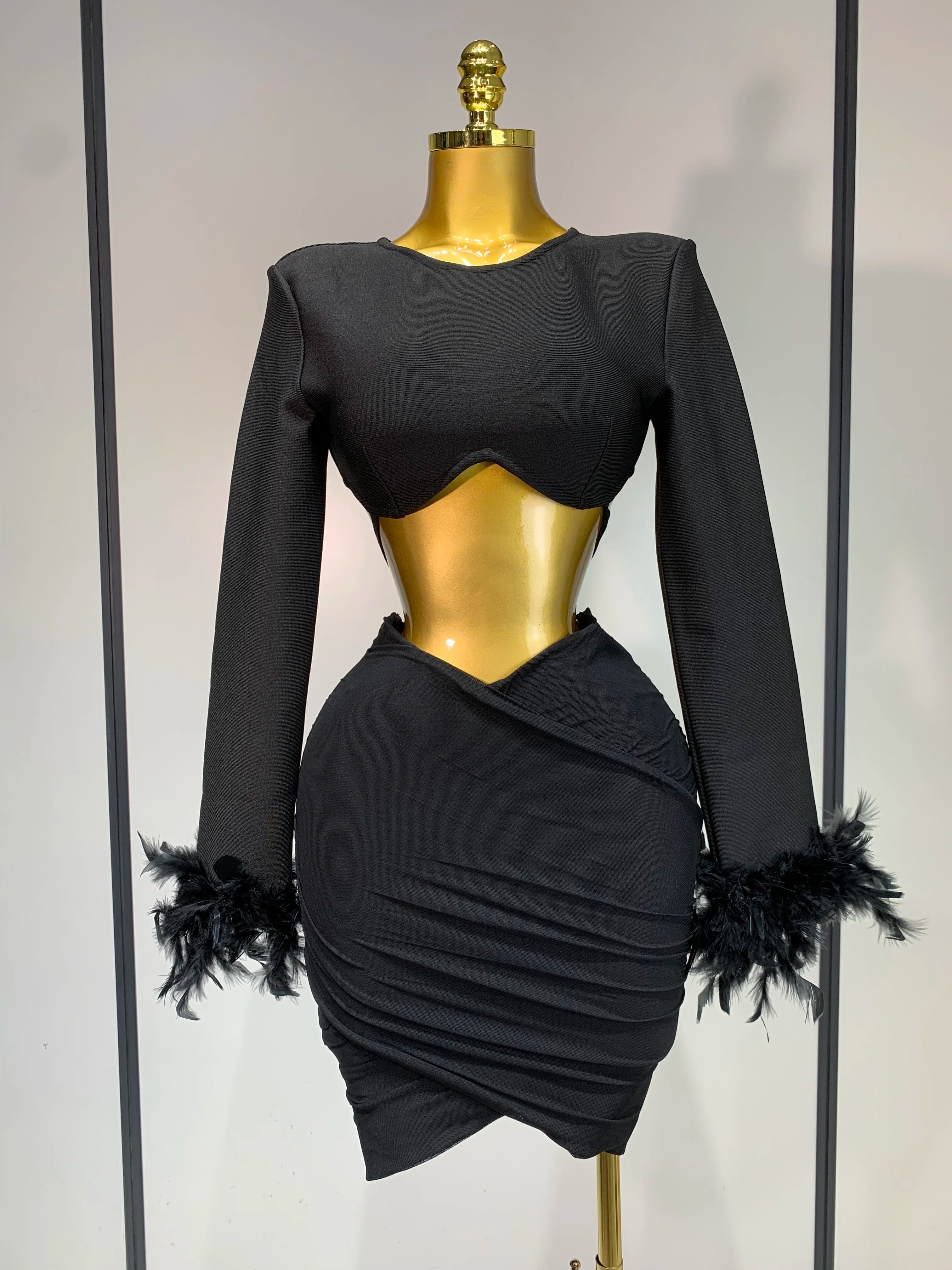 Luxury Birthday Dress Women Sexy Long Sleeve Feather Black Mesh Mini Bodycon Bandage Dress Elegant Evening Club Party Dress  black