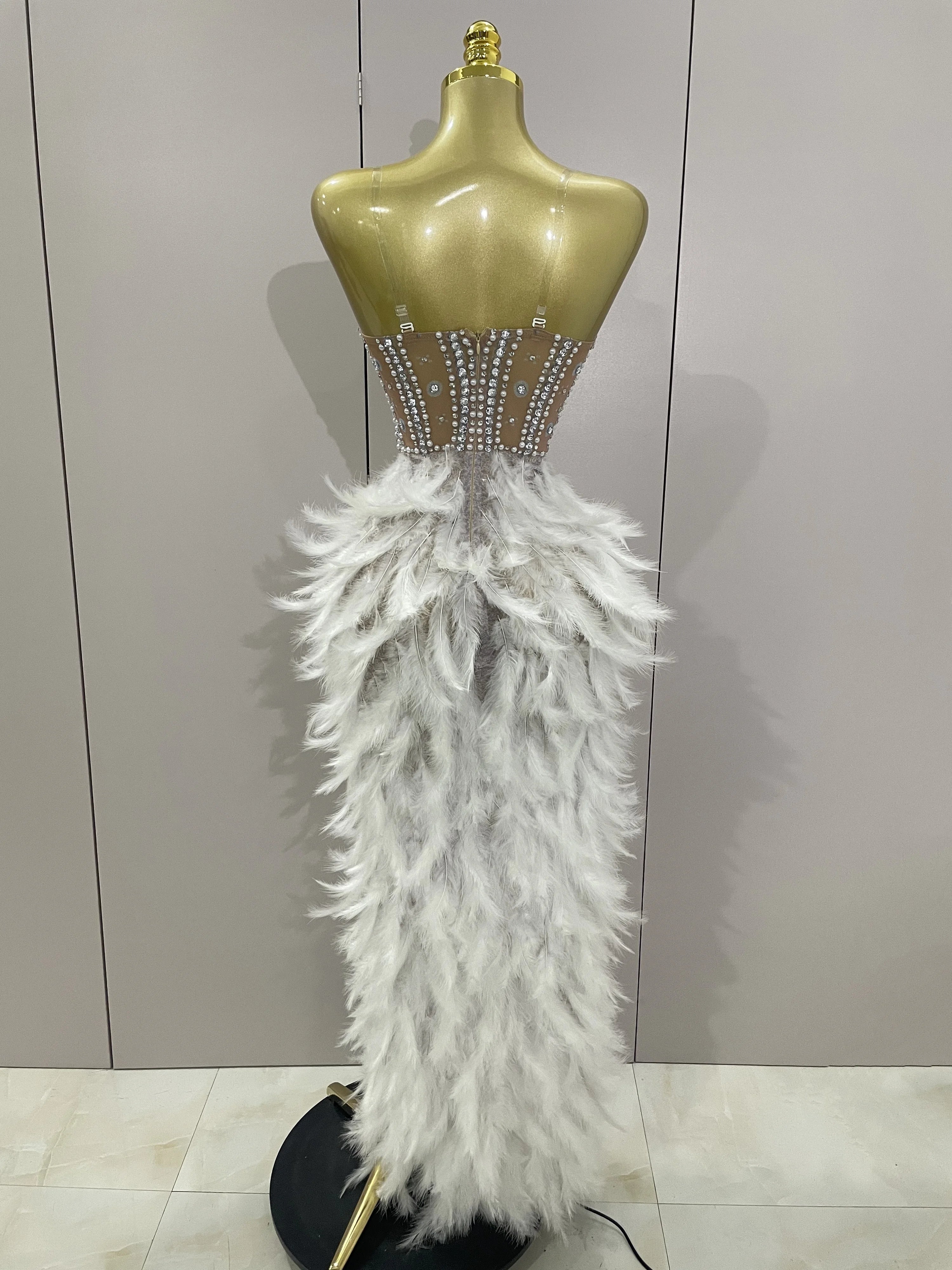 2025 Luxury Sparkle Rhinestone White Feather Sexy Mesh Long Dress Women Evening Party Birthday Performance Photoshoot Costume