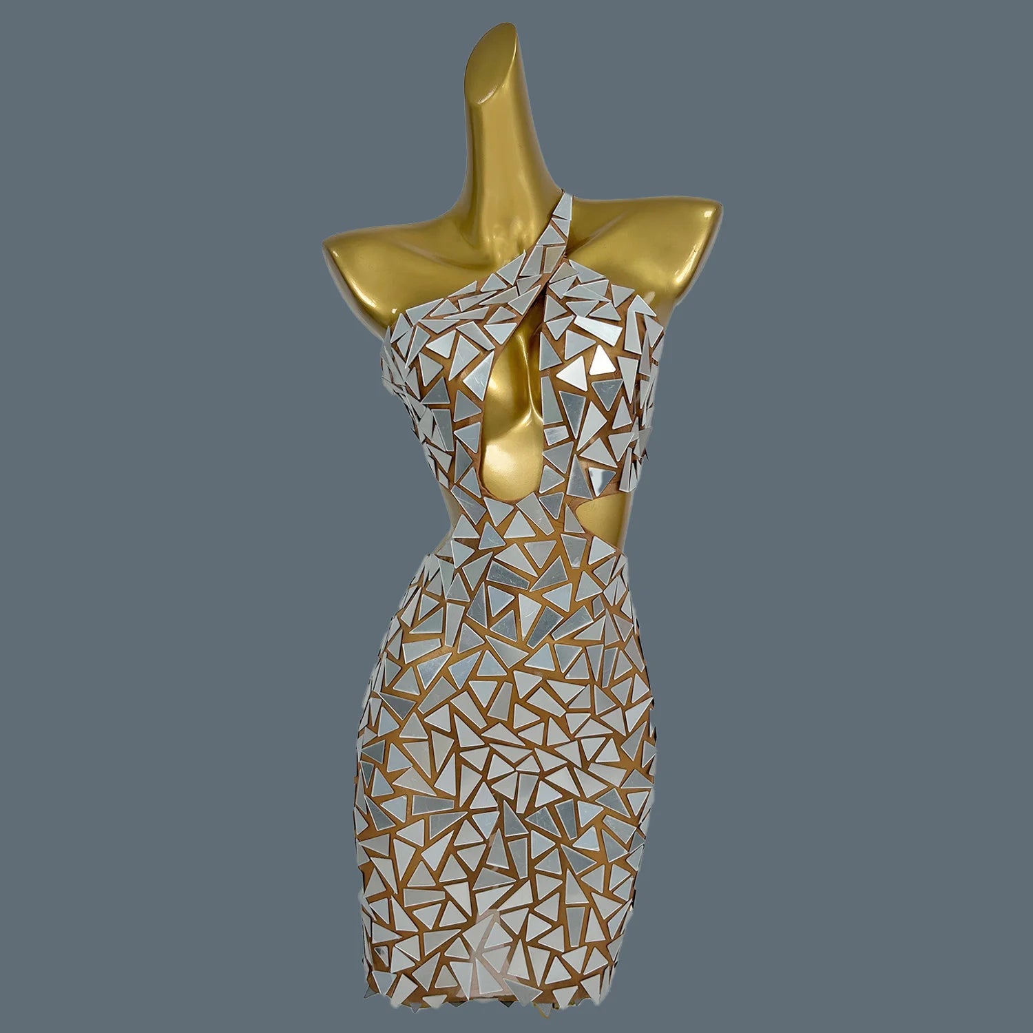 Sparkly Mirror Hollow Out Short Dress Women Sexy Halter Evening Celebrate Birthday Dress Club Outfit Stage Wear Loukongjingpian Nude