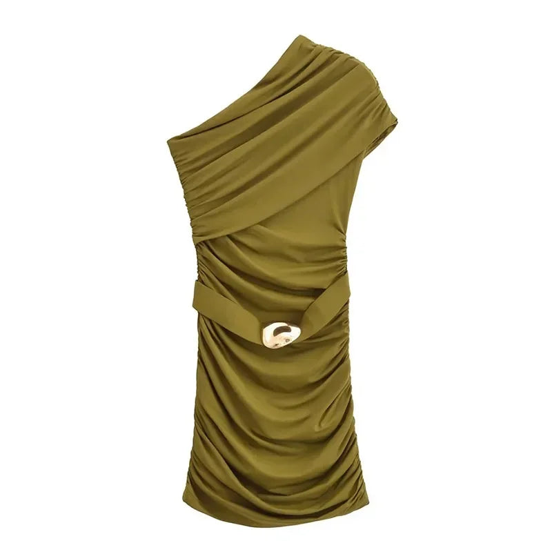 Sexy One-shoulder Pleat Short Dress Women Solid Skew-collar Metal Button Hip-package Dresses 2025 Summer Party Club Vestidos photo color