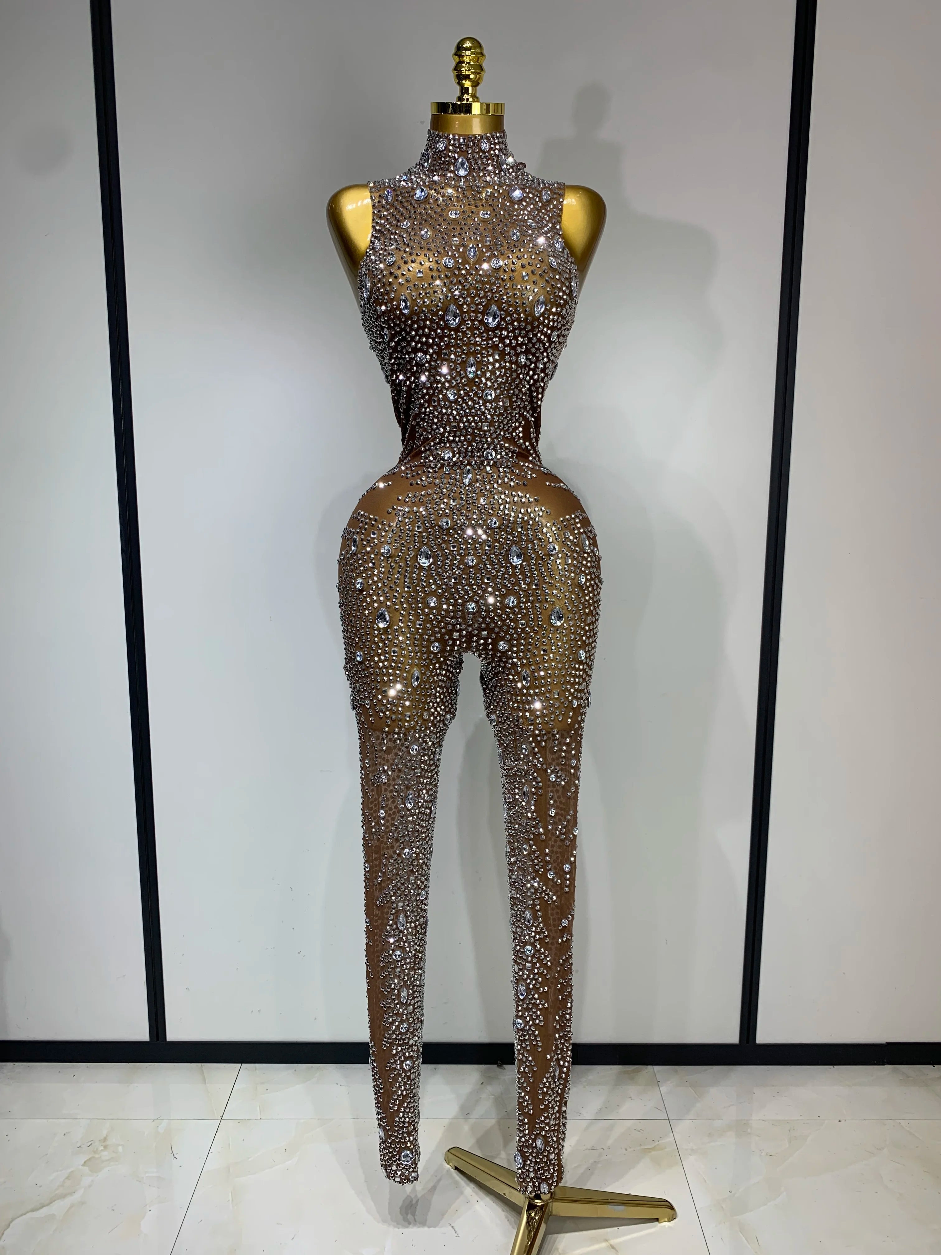 Luxury Rhinestones Jumpsuit Women Sexy Mesh See Through Performance Dance Costume Celebrate Club Birthday Party Stage Outfit Dark Brown