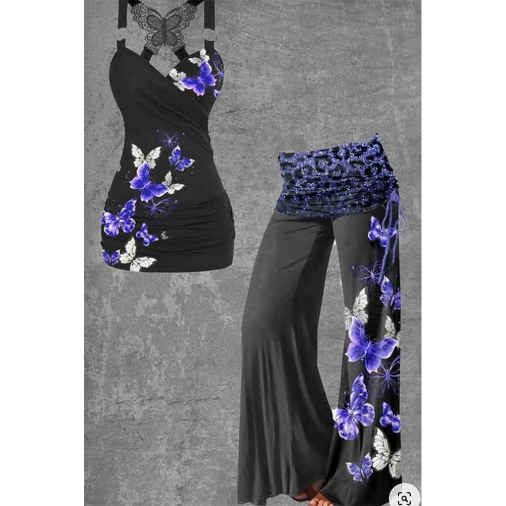 Women Plus Size Matching Set Hollow Out Butterfly Printed Backless Sexy Gothic Punk High Waist Flare Pant and Slim Tank Top Set black