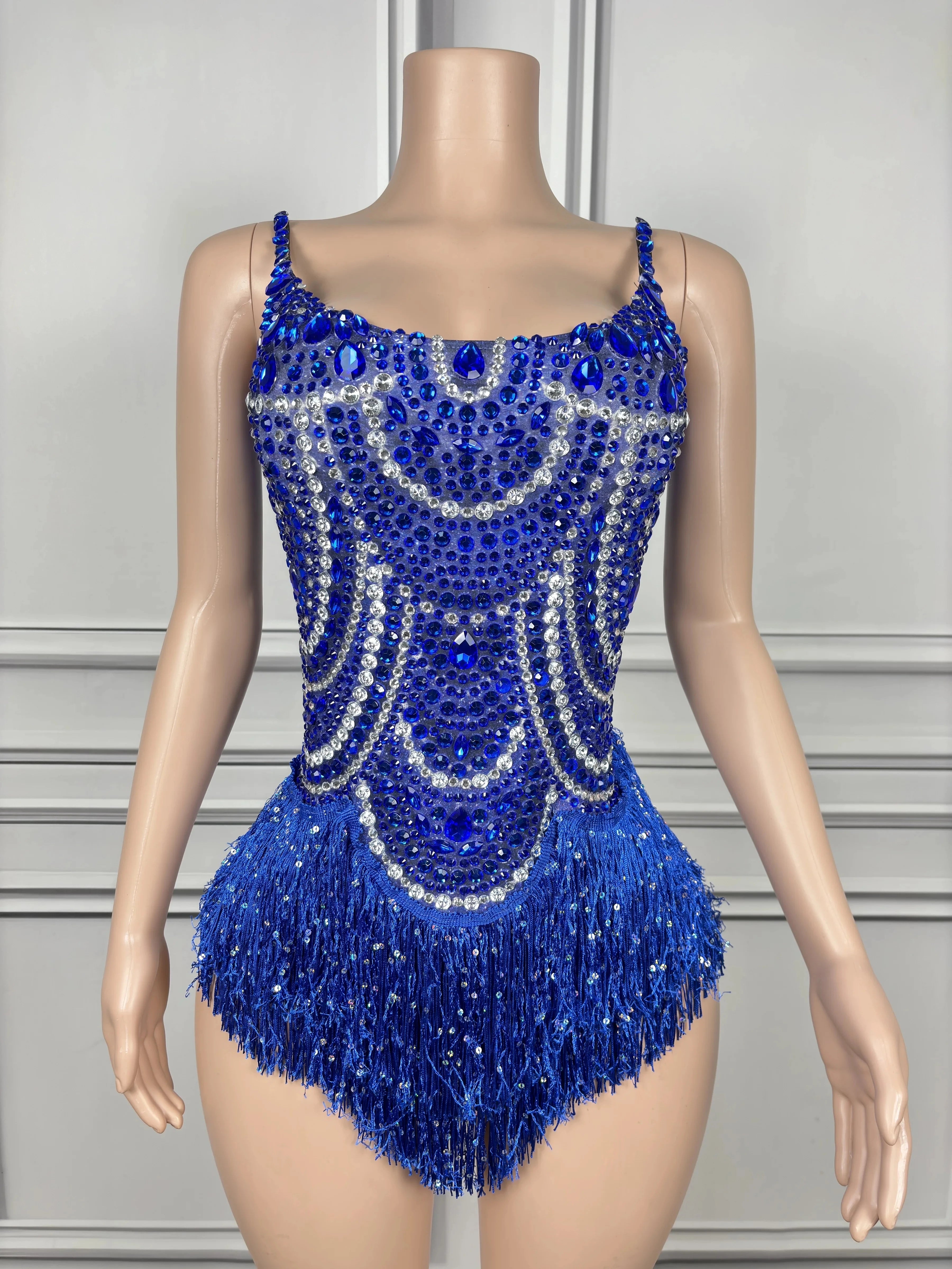 Sparkly Silver Rhinestones Pearl Tassels Bodysuit 2025 New Women Sexy Eveing Birthday Party Nightclub Stage Performance Costume Blue