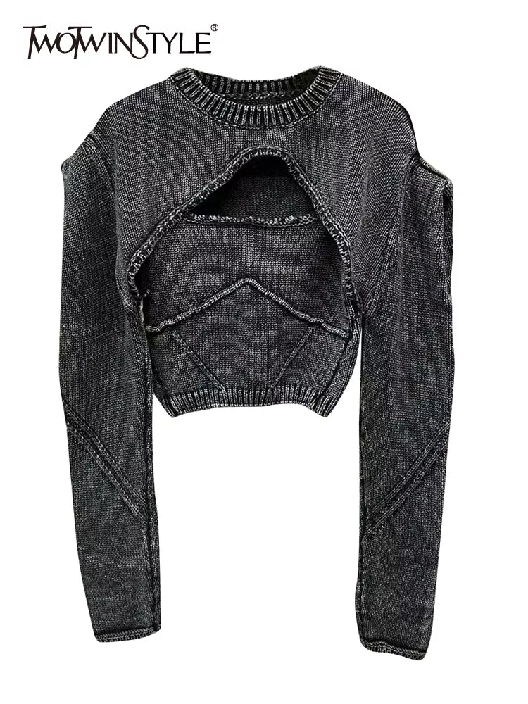 Streetwear Denim Two Piece Set Womens Square Collar Sleeveless Tanks O Neck Long Sleeve Tops Knitting Female Sets