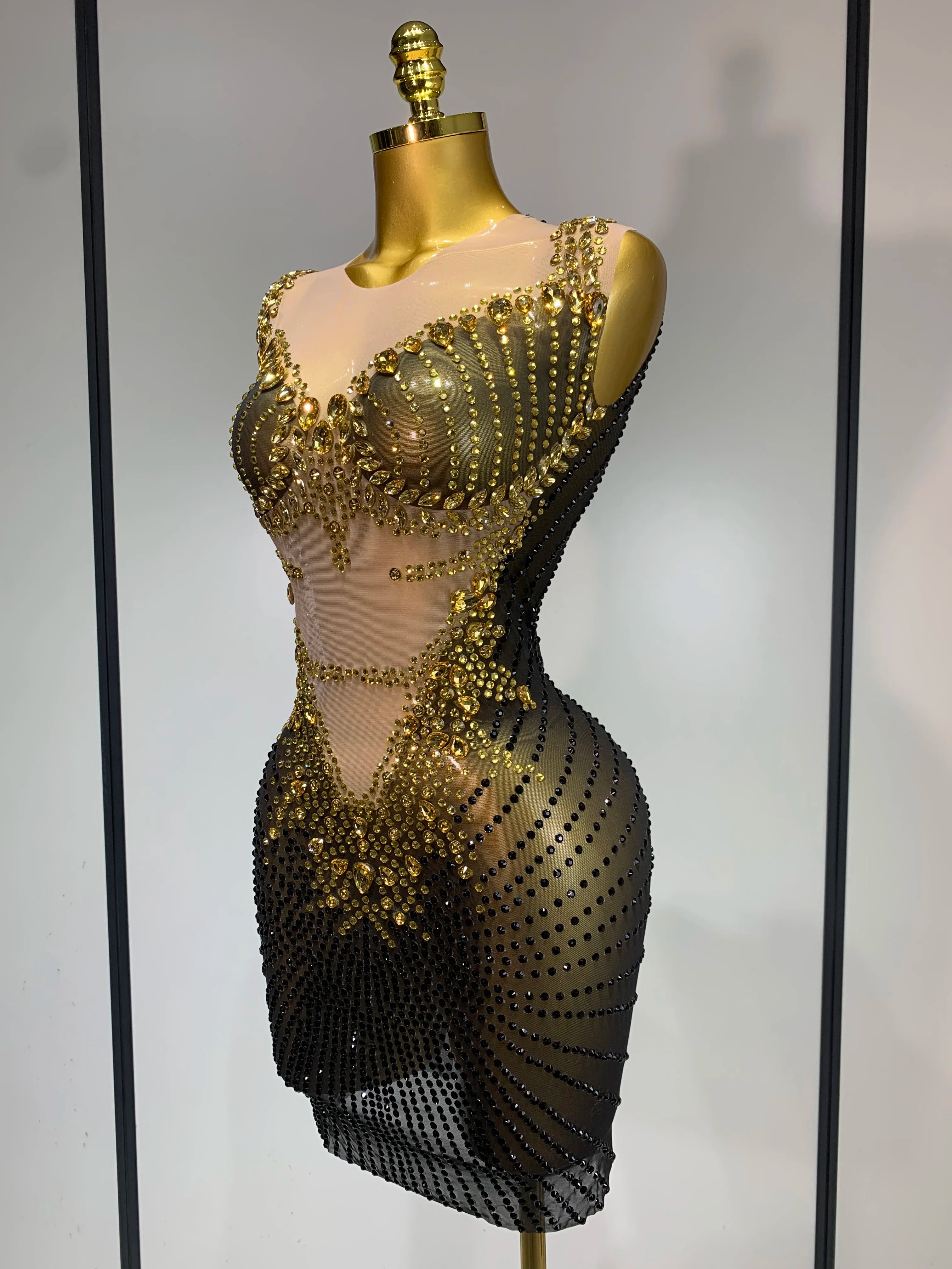 Sparkly Gold Rhinestone Transparent Sleeveless Mini Dress Evening Birthday Celebrate Party Nightclub Dance Performance Outfit