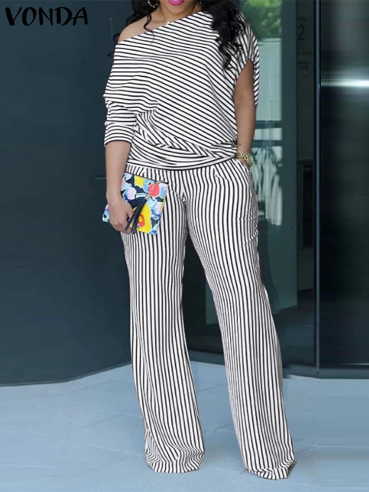 VONDA Plus Size Women Matching Sets 2025 Elegant Off Shoulder Pant Sets Printed Striped Trousers Suits Tops and Wide Leg Pants black