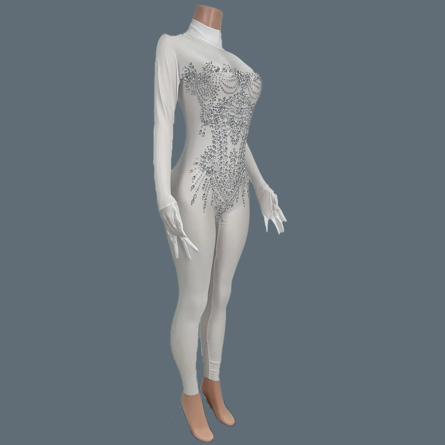 Sexy Women Long Sleeve Rhinestone Jumpsuit Gloves Festival Celebrate Party Outfit Club Stage Show Tight Fitting Jumpsuit Zhubao
