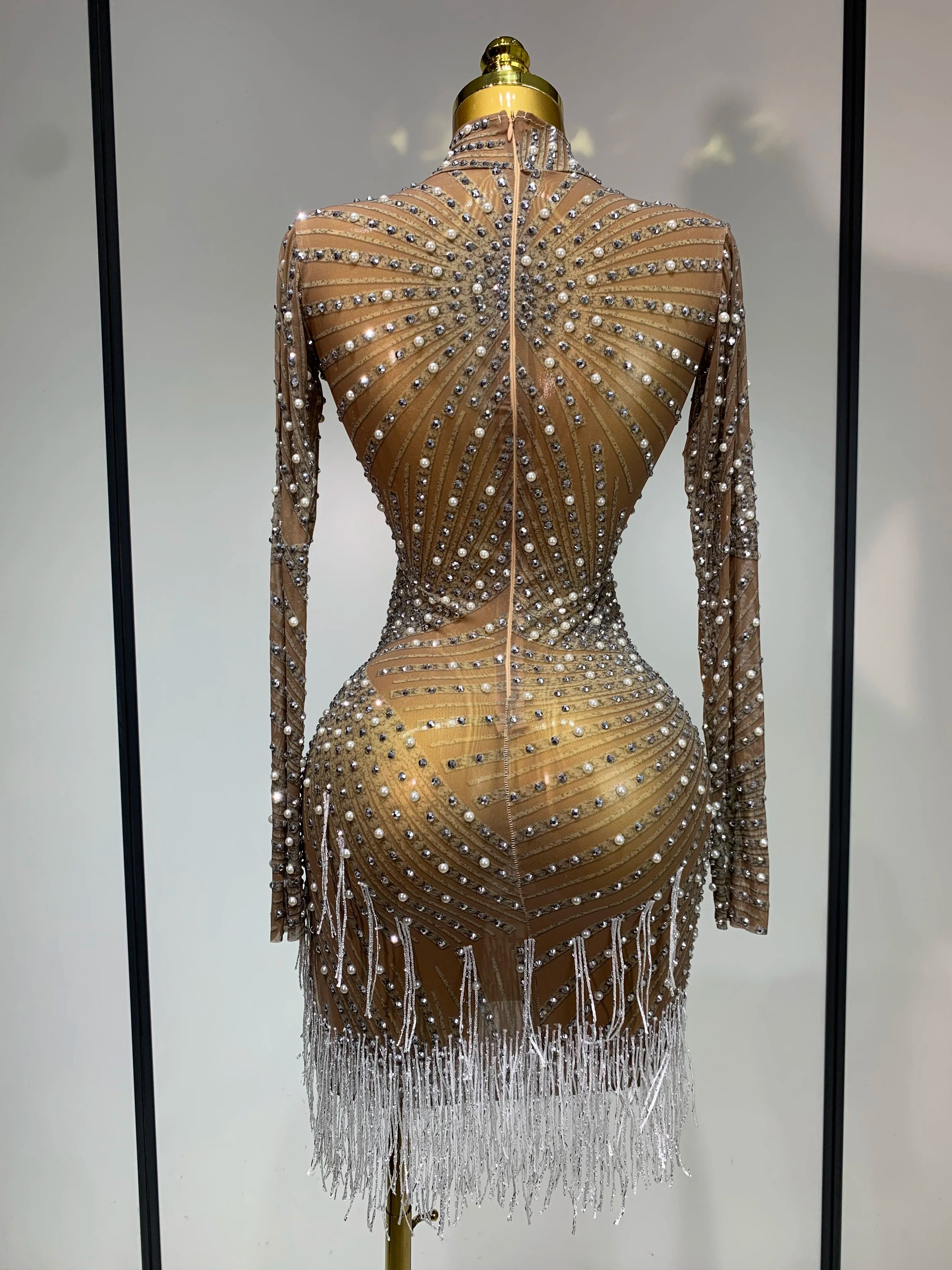 Luxury Rhinestone Tight Short Dress Women Long Sleeve Evening Party Prom Gown Birthdy Nightclub Performance Costume Stage Outfit