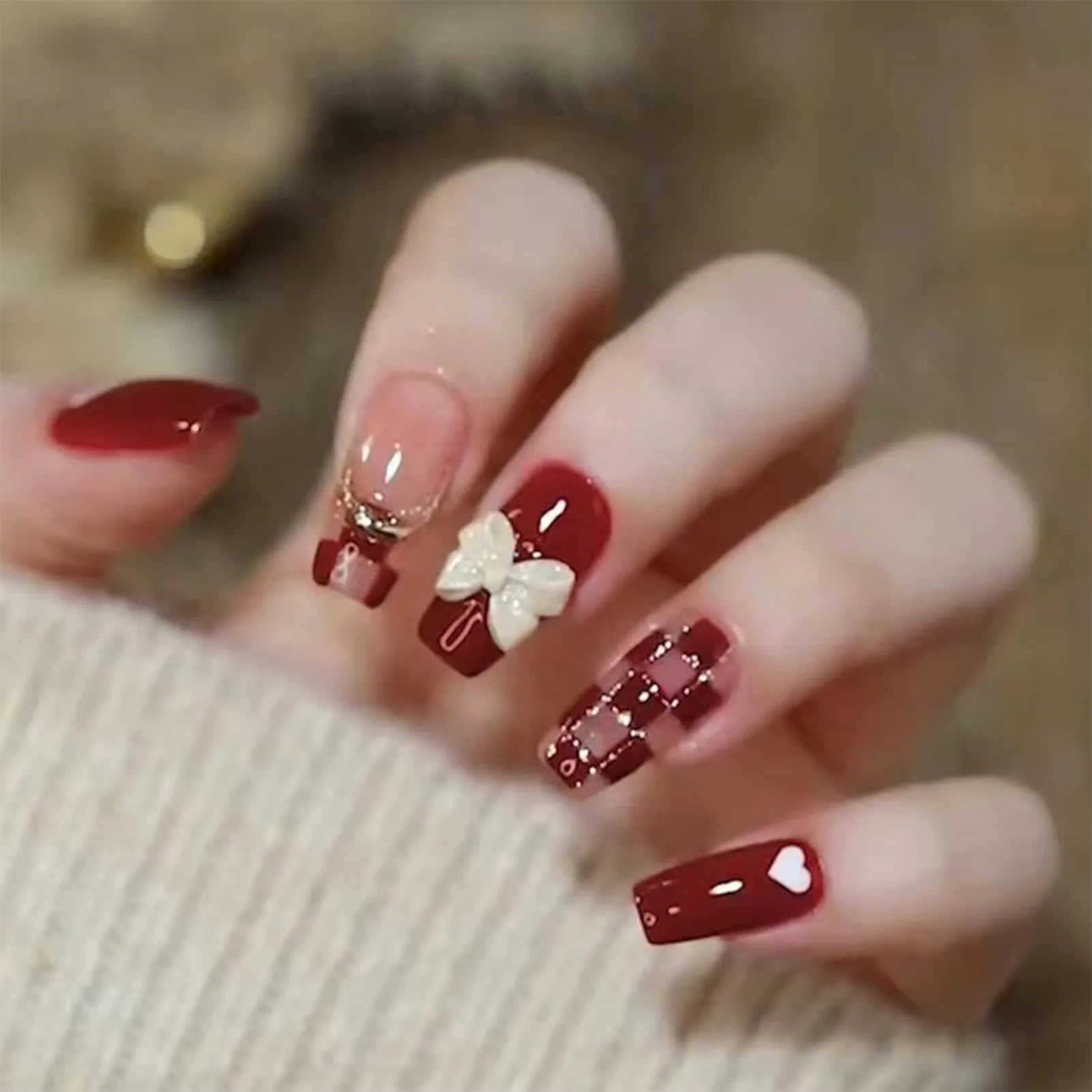 24Pcs Red Fake Nails with 3D White Flower Design Mid Length Coffin Press on Nails Wearable Korean Sweet Flower False Nails 10