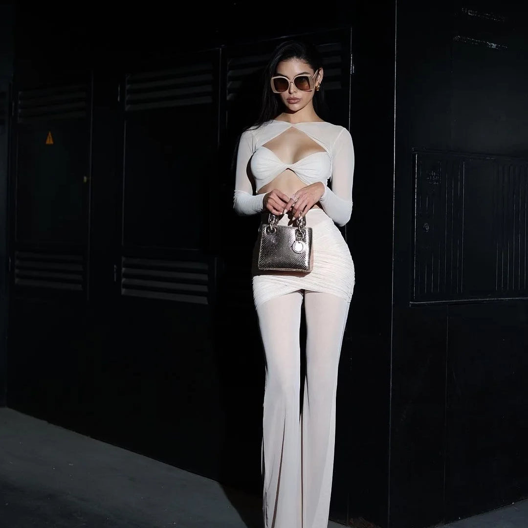 New Spring Mesh See Through Women Set Sexy Hollow Out Short Top And Flare Pants 2 Pieces High Stree Wear Evening Party Vestido