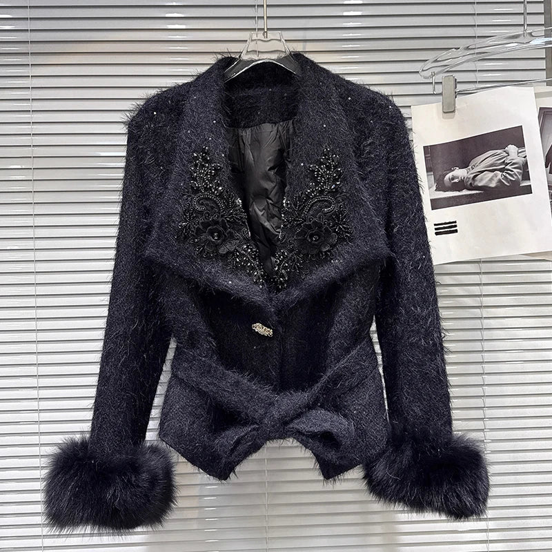 Winter New High-End Fox Fur Cuff Embroidered Collar Woolen Lace-Up Cotton Jacket For Women Elegant Coat 11A07767 Black