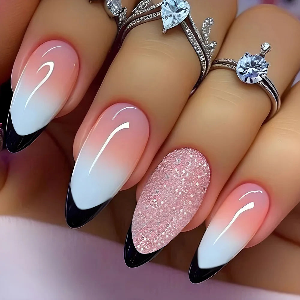 24pcs/set short Medium square fake nails for women gradient nude pink flowers french almond summer tips press on false nail art 2183