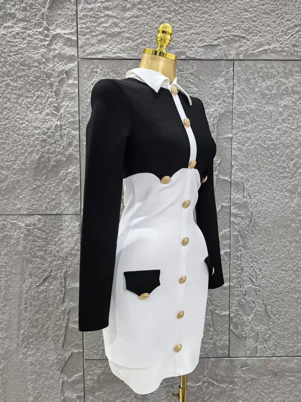 Women Long Sleeve Sexy Pacthwork Button Bodycon Mini Bandage Dress Elegant Evening Party Red Carpet Fashion Cocktail Outfit