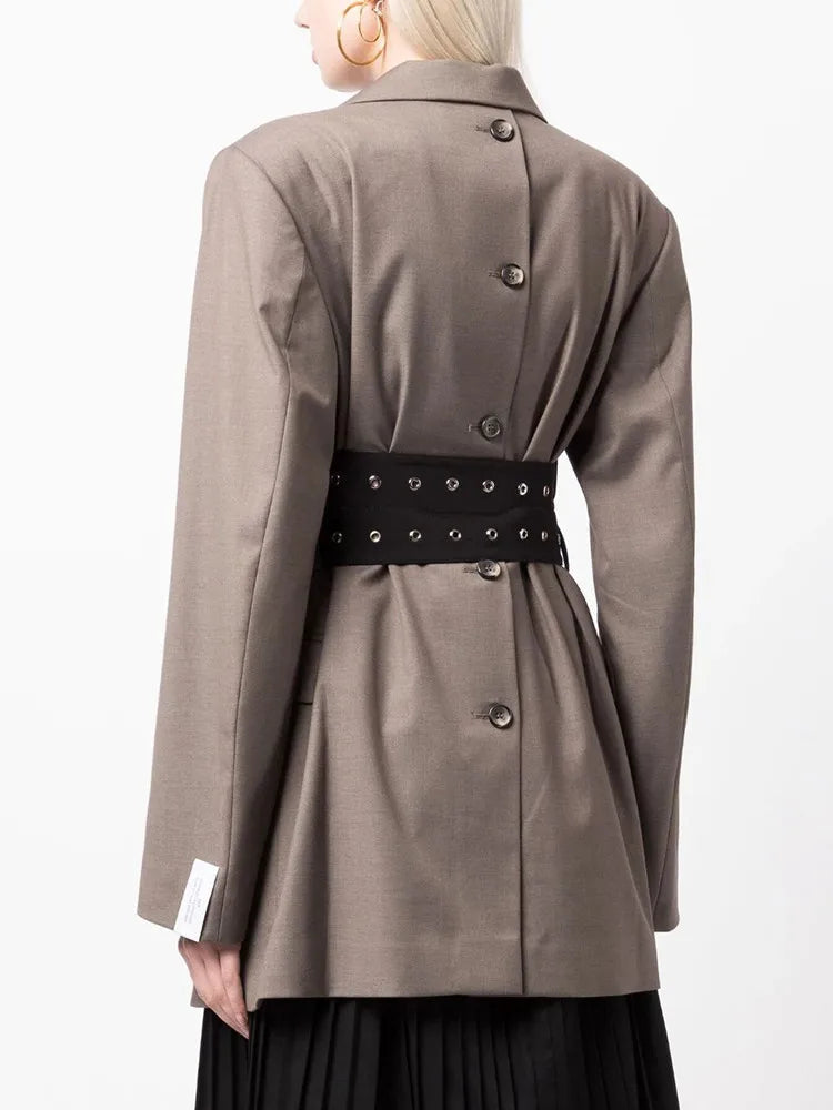 Patchwork Belt Chic Blazer For Women Notched Collar Long Sleeve Spliced Pocket Temperament Blazers Female Fashion