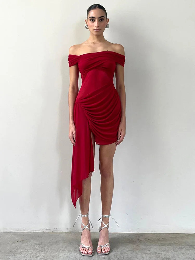 Off-shoulder Strapless Sexy Mini Dress For Women Fashion Irregular Mesh Beach Holiday Draped Ruched Bodycon Dress Red