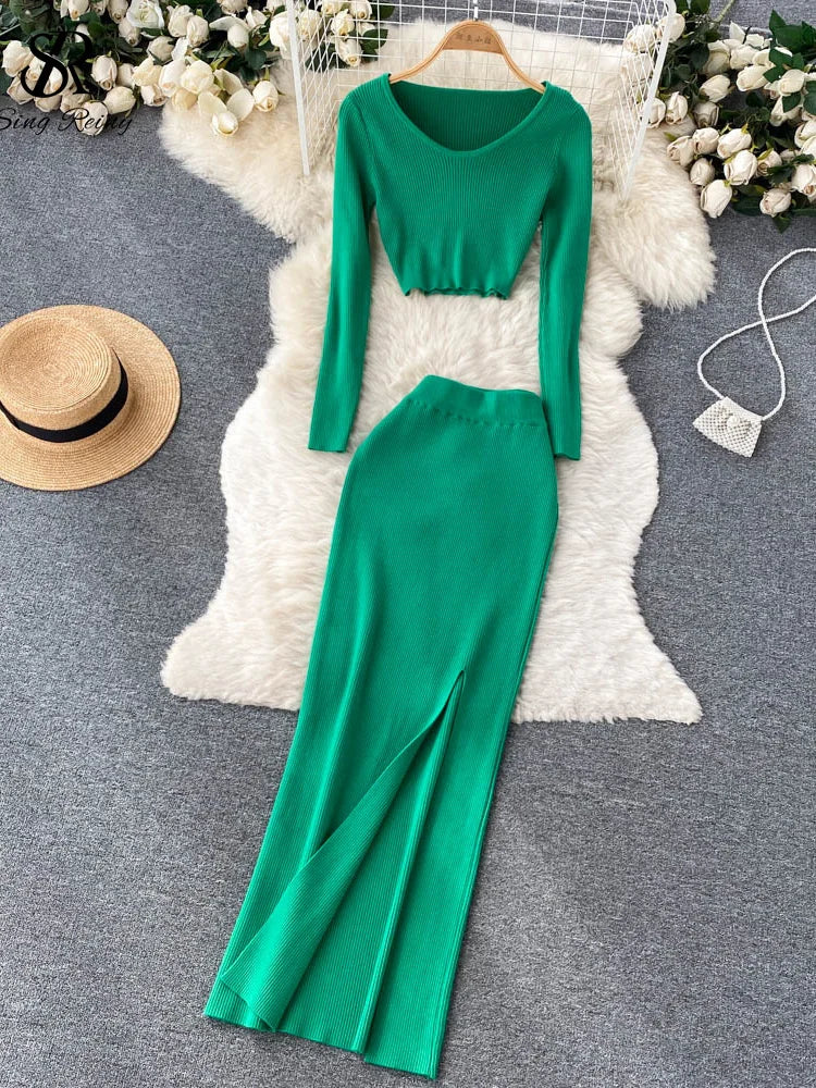 SINGREINY Autumn Sweater Two Pieces Suits Long Sleeves Knit Top+ Elatic Waist Slim Split Long Skirt Sets Women Warm Knitted Suit green One Size