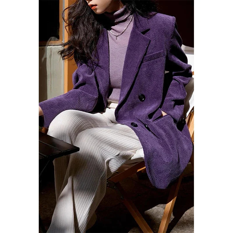 MEXZT Vintage Corduroy Blazer Women Double Breasted Black Suit Jacket Korean Elegant Casual Coat Streetwear All Match Outerwear PURPLE