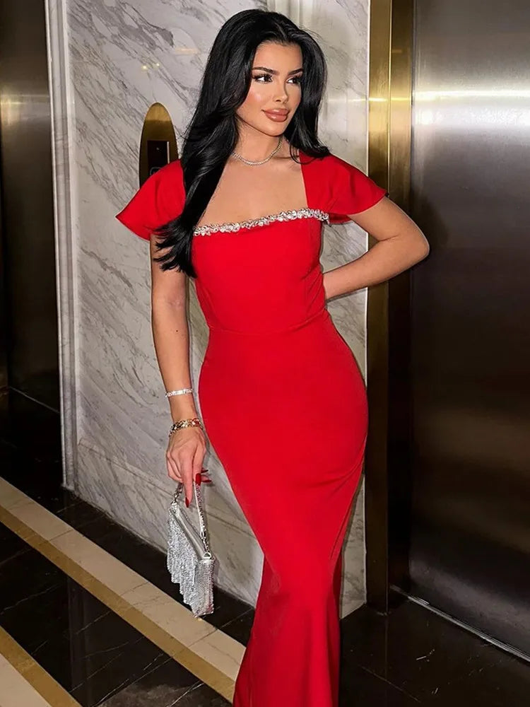 Women Celebrity Sexy Beading Diamonds Blue Red Black Maxi Long Bodycon Bandage Dress 2025 Elegant Evening Club Party Dress