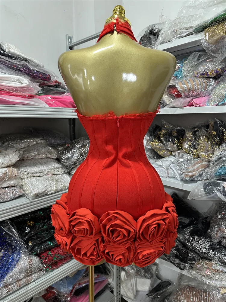 Women Sleeveless Sexy Halter Florlas Bodycon Mini Bandage Dress Celebrate Fashion Nightclub Party Birthday Outfit