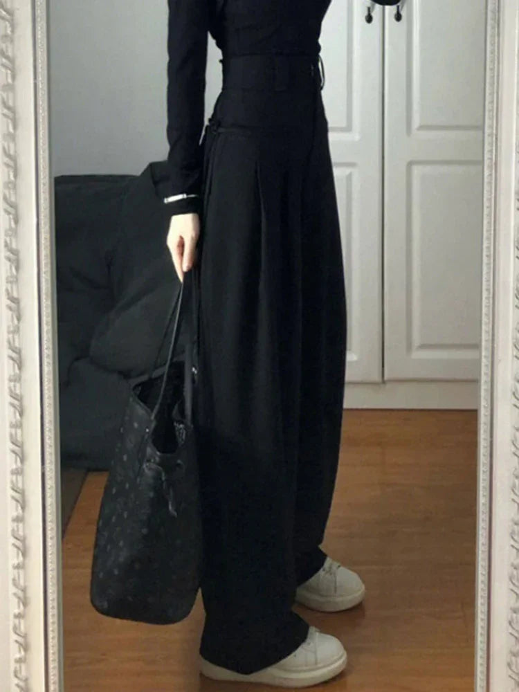 New Fashion Simple High-waisted Wide-leg Female Suit Pants American Full-length Black Casual Straight Solid Color Women's Pants