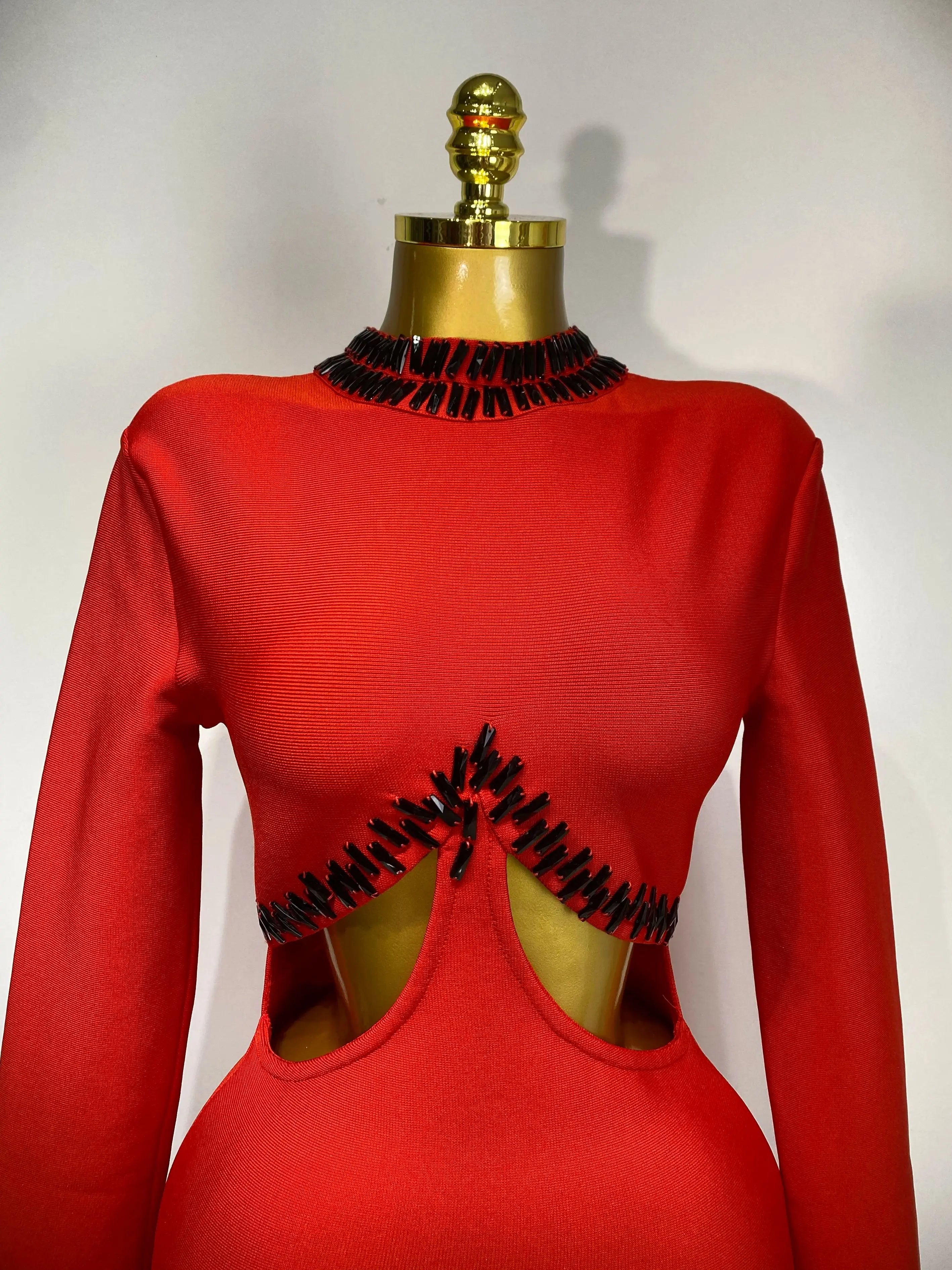 Women Sexy Cut Out Long Sleeve Beading Feather Red Mini Bandage Dress Celebrity Elegant Evening Party Luxury Birthday Dresses