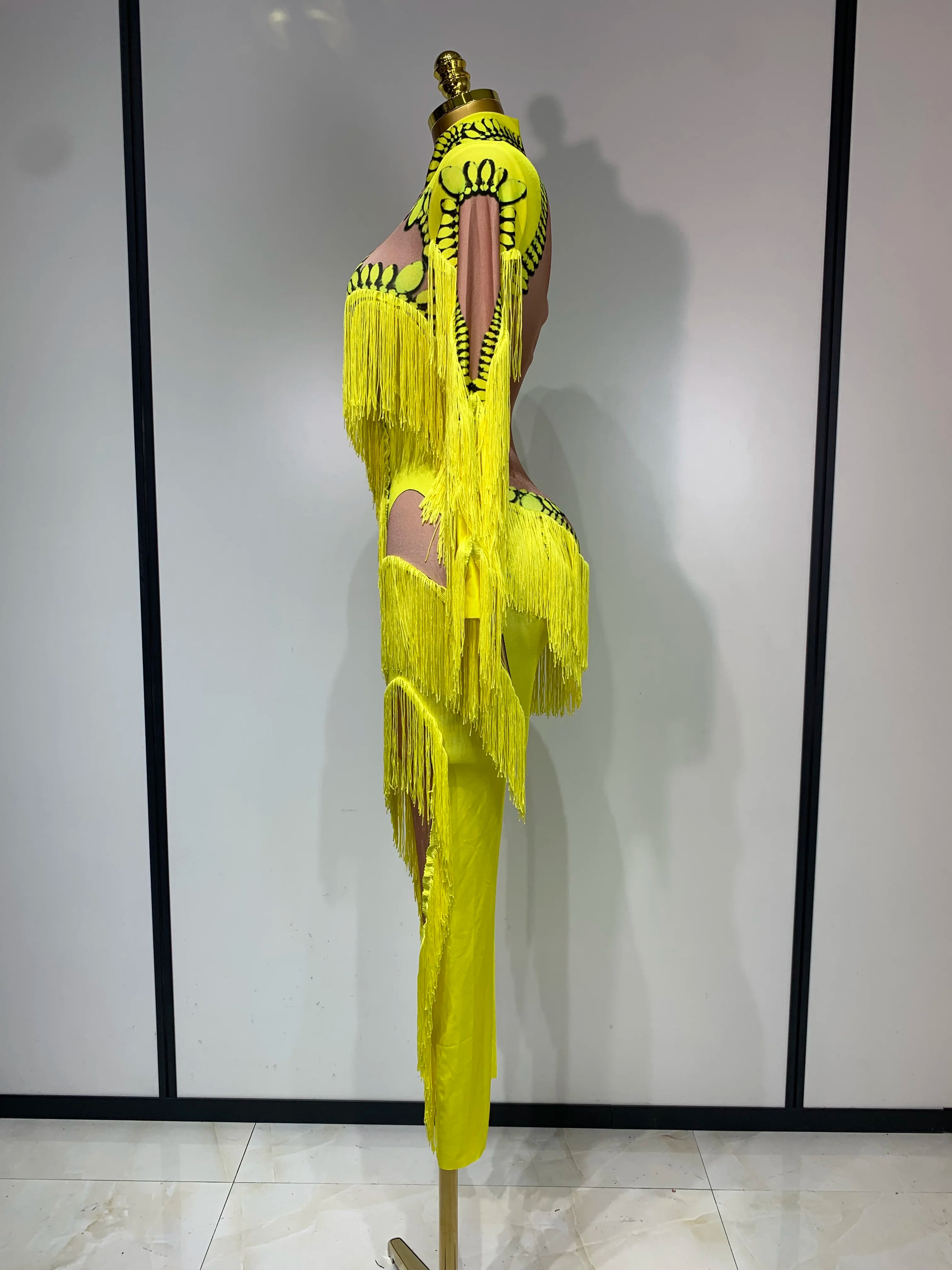 Yellow Tassel Stretch Bodycon Jumpsuit Nightclub Gogo Dance Clothing Dj Rave Outfit Nightclub Party Singer Performance Outfit
