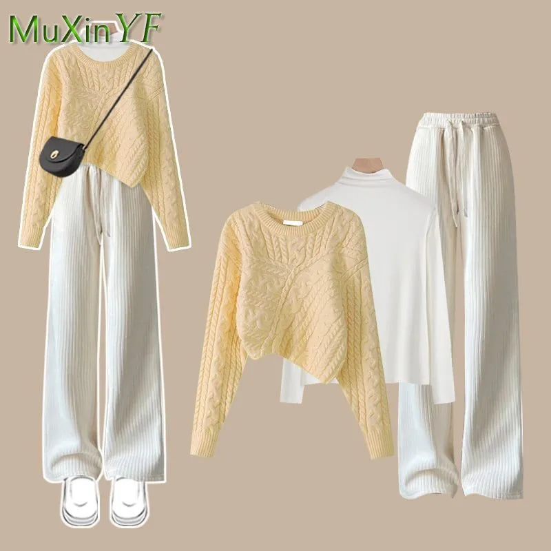 Women's Autumn Winter Suit 2024 New Fashion Knitted Sweater Undershirt Casual Pants 3 Piece Korean Elegant Trousers Matching Set