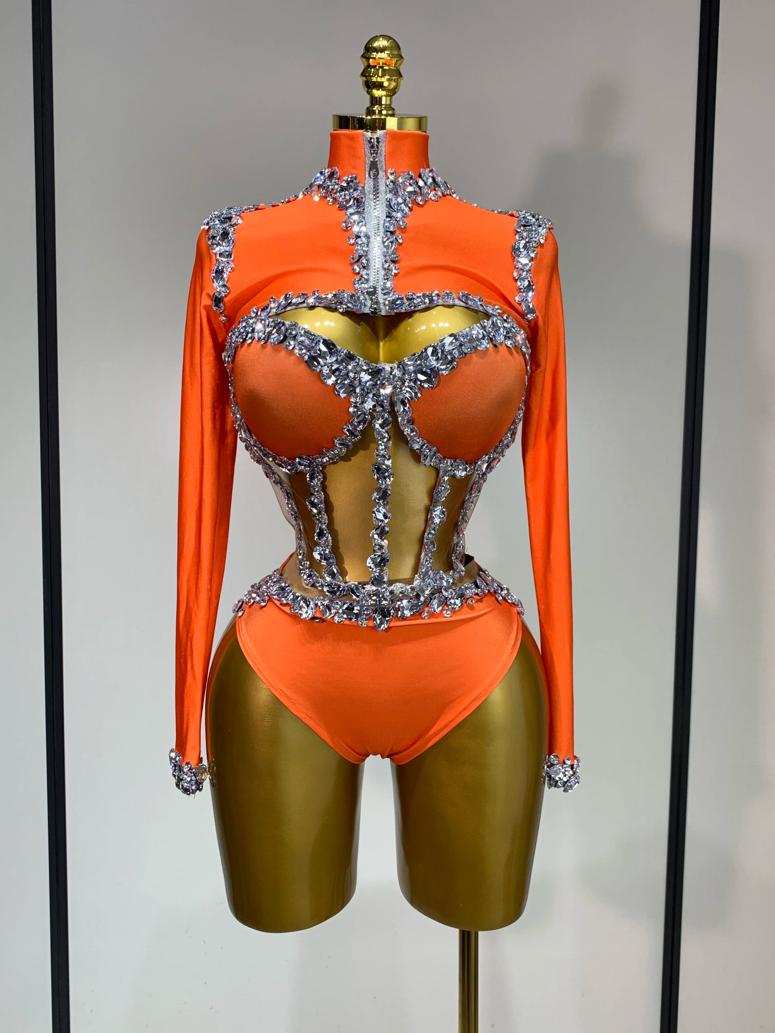 Sparkly Diamonds Three Pieces Set Stage Performance Women Designer Nightclub Birthday Party Singer Stage Activity Outfit Orange