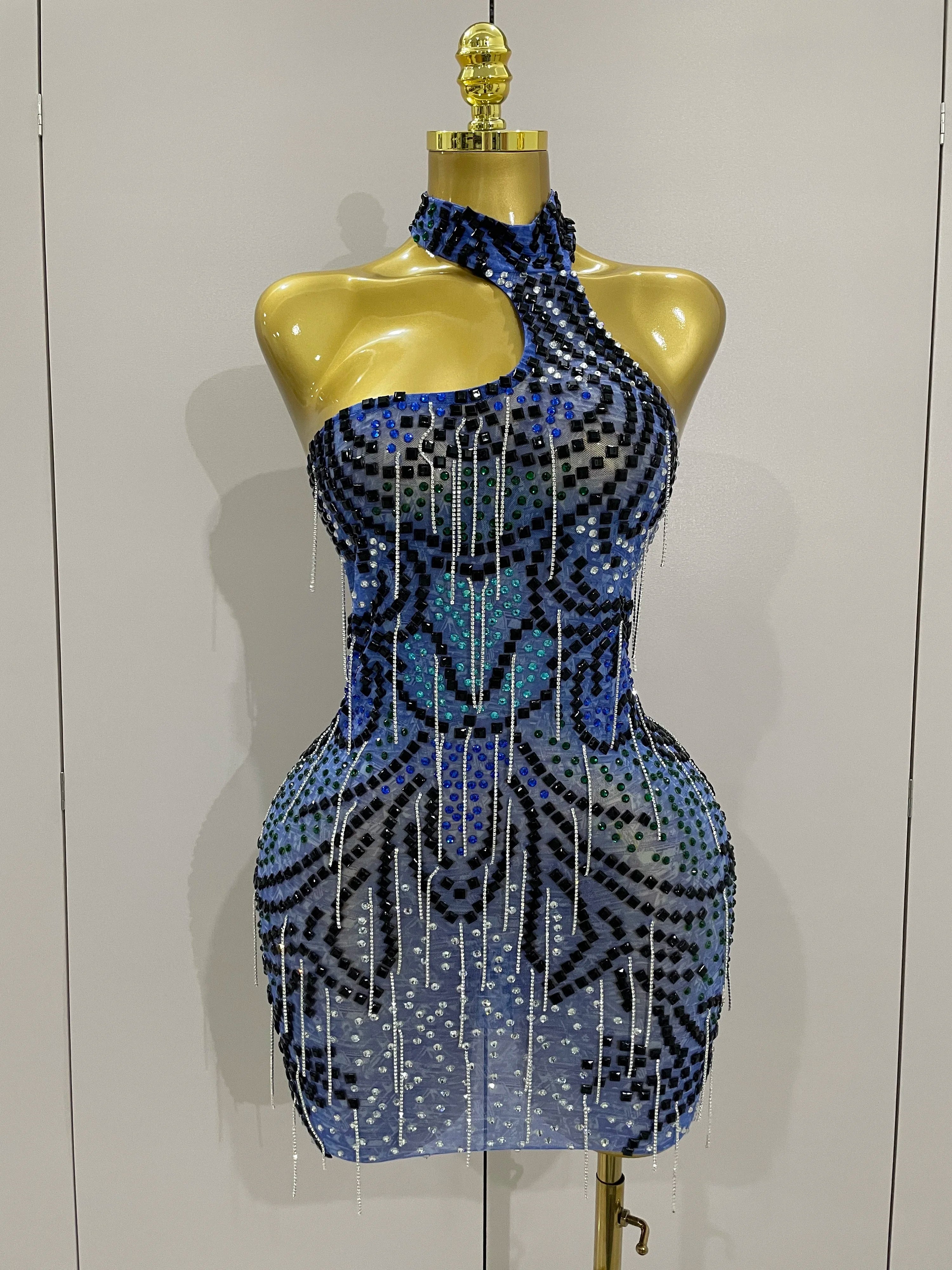 Sexy Sparkly Rhinestones Chains Blue Mesh Short Dress 2025 New Women Party Celebrate Birthday Dresses Photo Shoot Stage Wear Blue