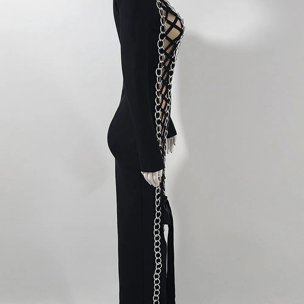 2024 Sexy Women Heavy Industry Chain Drawstring Bandage Dress O-neck Long Sleeve Bodycon Midi Split Dress Evening Party Vestidos