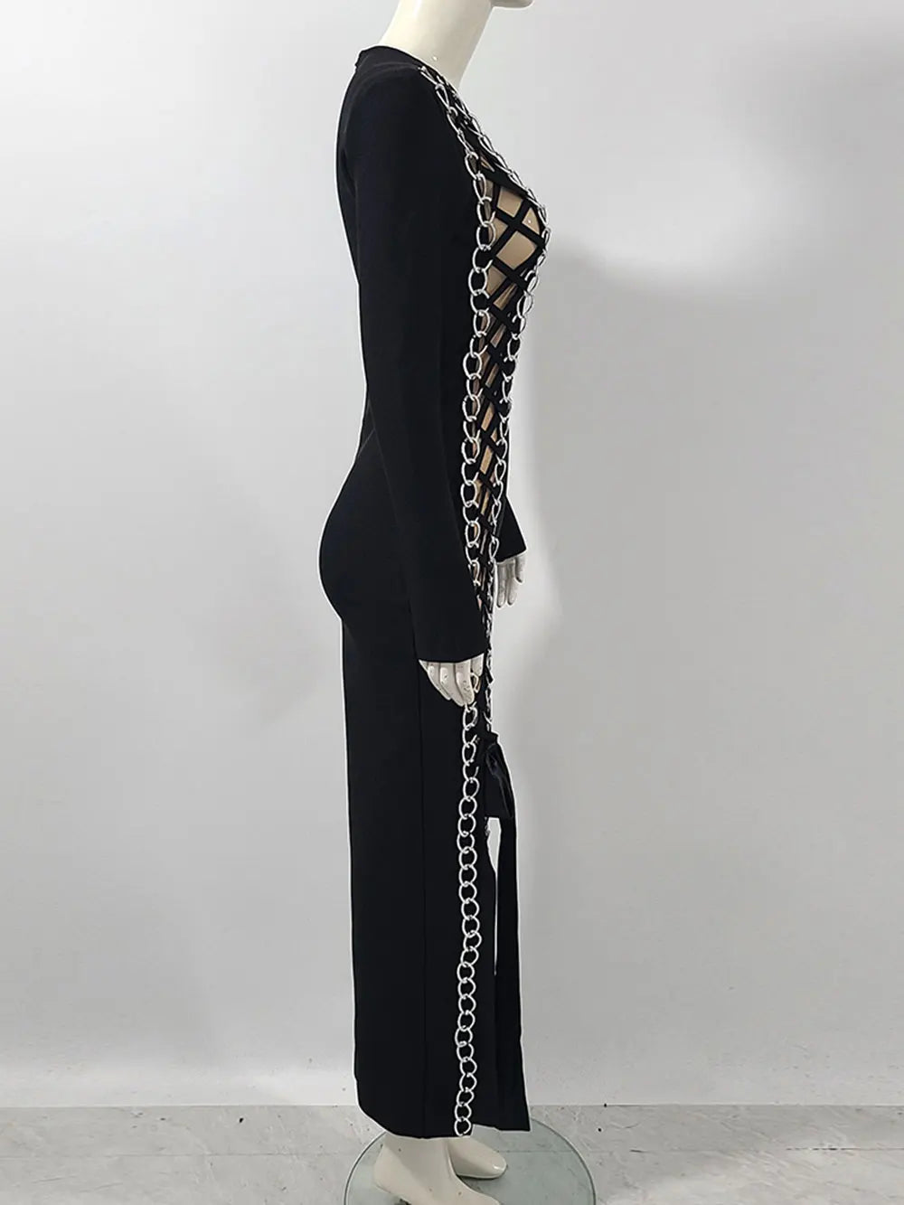 2024 Sexy Women Heavy Industry Chain Drawstring Bandage Dress O-neck Long Sleeve Bodycon Midi Split Dress Evening Party Vestidos